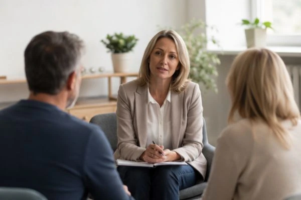Couple discussing financial arrangement , pensions in divorce Chelmsford